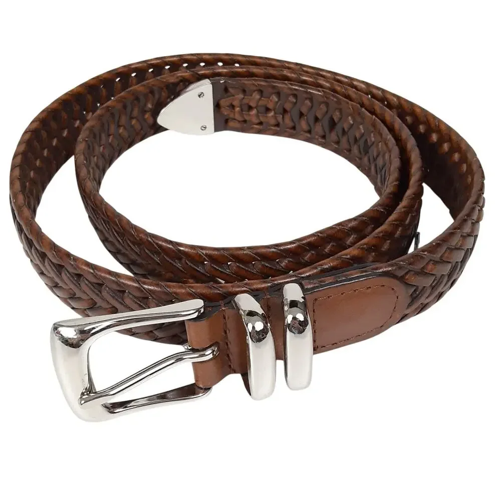 Perry Ellis Portfolio Braided Leather Belt Brown Woven Western Dagger Mens XL